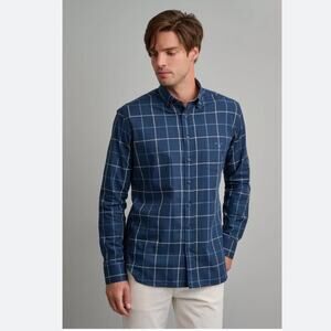Penguin by Munsingwear Men Blue/White Plaid Pattern Polo Long Sleeve Size L